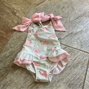 Sal & pimenta white with pink flamingos one piece swimsuit 2T GUC some wear